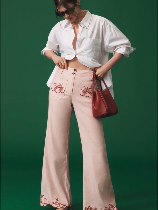 Anthropologie Pants - Anthropologie Pale Pink Wide-Leg Embroidered Pants